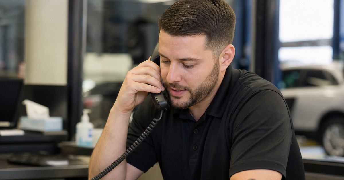 A service advisor on the phone at a desk with a repair order and a car part nearby