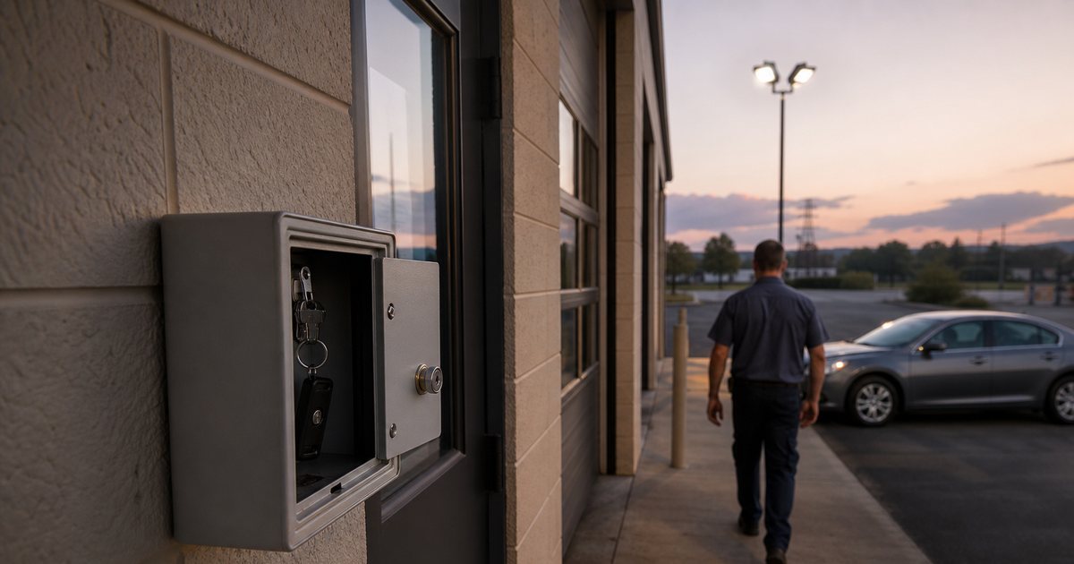 Exterior of a small auto repair shop at dusk with a metal key lockbox mounted beside the front door, a sedan parked under a lot light, customer walking toward the car holding keys