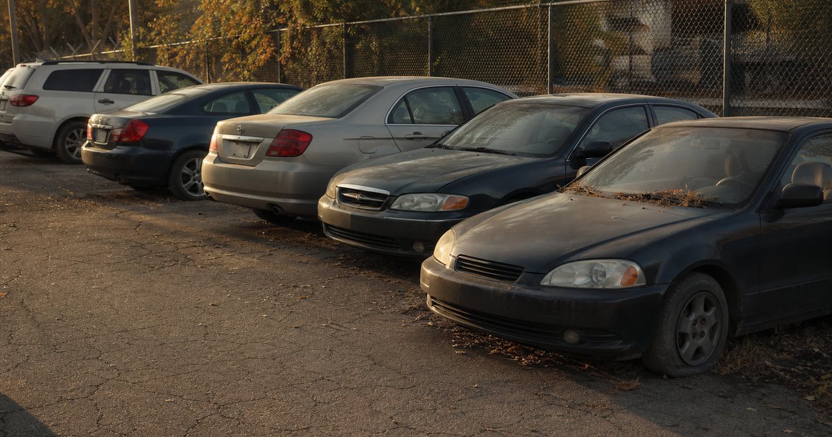 Back lot of an independent auto repair shop in late afternoon, five dusty parked cars in a row against a chain link fence, one with a flat tire and dry leaves on the hood, cracked asphalt, long warm shadows, no people, no signage