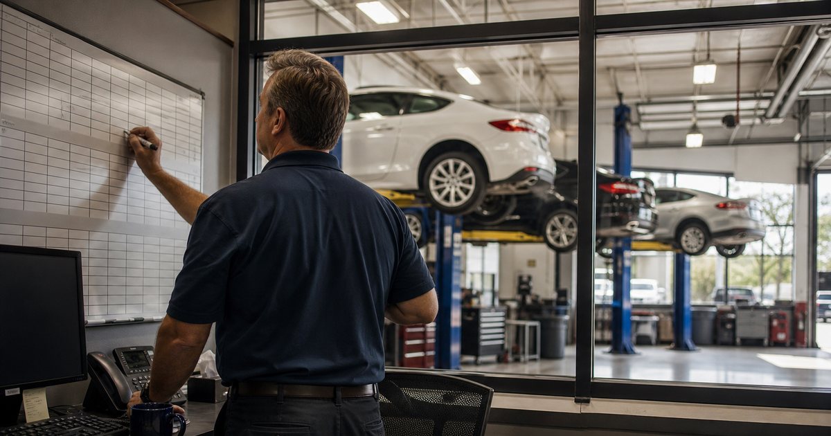 Service advisor writing on a large whiteboard schedule in a repair shop office while looking through the window at three cars on lifts, morning light, paper appointment book on the desk