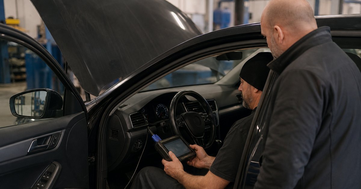 Technician seated in the driver's seat of a car in a repair bay with a handheld scan tool plugged in below the dash, hood open, service advisor standing beside the open door listening