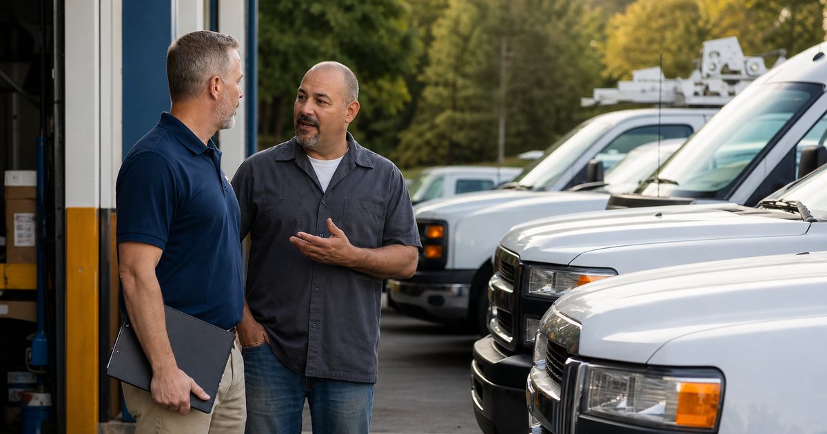 Row of white work vans and pickup trucks parked outside a commercial repair shop, fleet manager in a polo shirt talking with a shop owner beside the open bay door, clipboard under the manager's arm