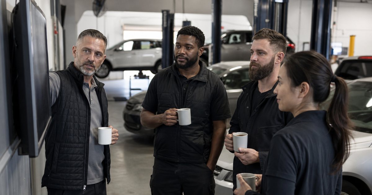 Small group of auto technicians and a service advisor gathered around a wall-mounted screen in a repair shop early in the morning, coffee cups in hand, cars parked in the bays behind them