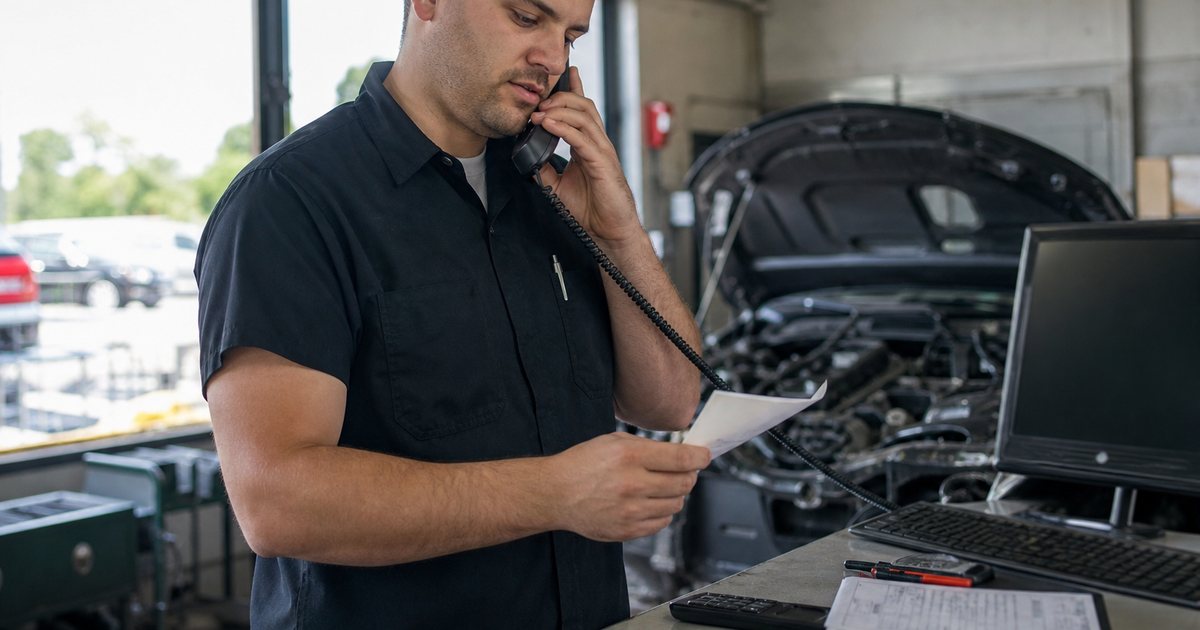 Service advisor on the phone at a parts counter in an auto repair shop, holding a printed parts slip, disassembled engine bay visible in the background, daylight through the open bay door