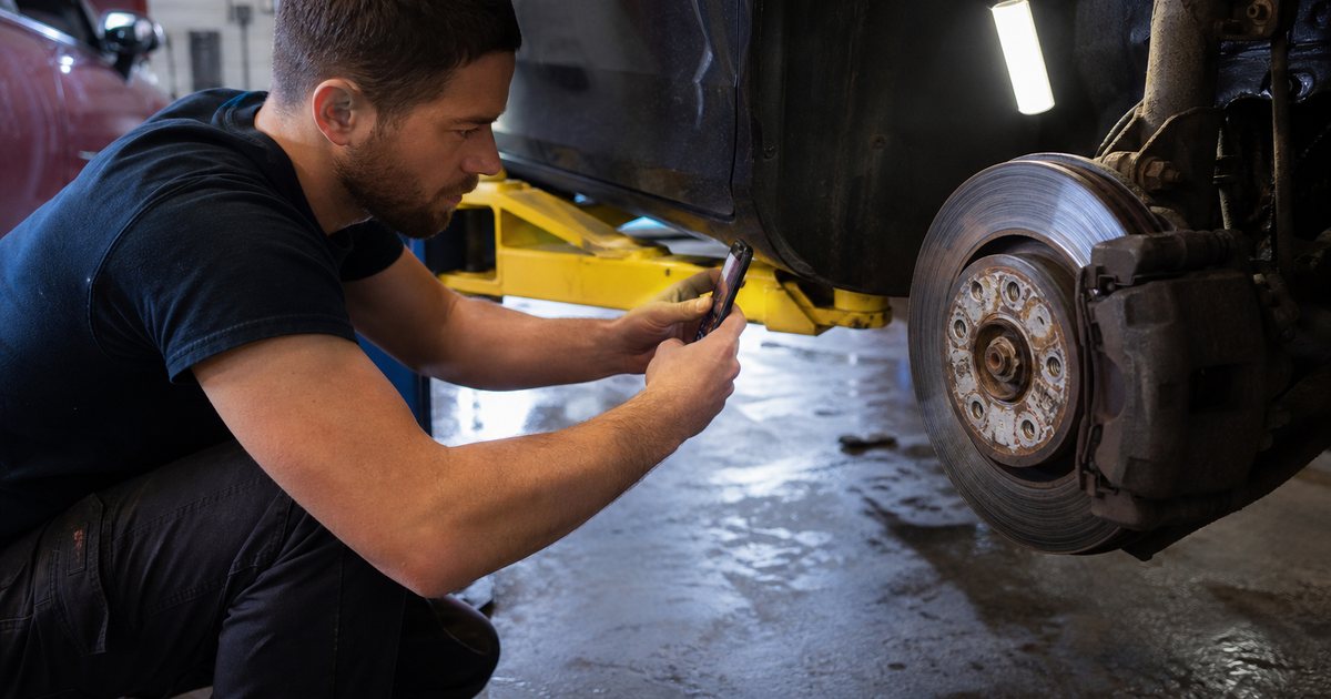 Auto technician crouched beside a car on a lift holding a smartphone to photograph a worn brake rotor, work light clipped to the wheel well, shop floor slightly wet