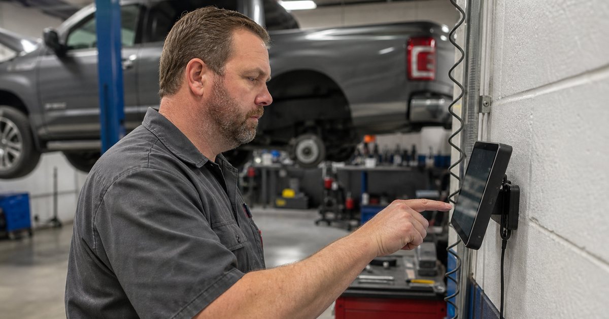 Experienced auto technician in a gray work shirt tapping a wall-mounted tablet beside a lifted pickup truck in a repair bay, red toolbox and coiled air hose nearby, bright overhead lighting