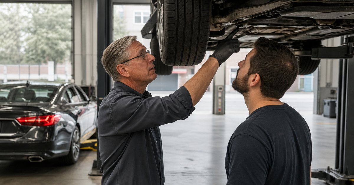 Shop foreman and technician inspecting a sedan on a lift together, foreman pointing at a suspension component, second car waiting in the next bay, clean concrete floor, natural light