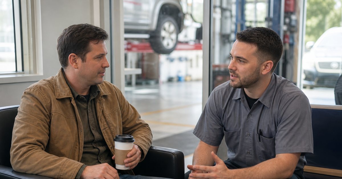 Auto repair shop waiting room on a bright morning, a customer in a canvas jacket sitting in a vinyl chair holding a paper coffee cup, a service advisor in a gray work shirt crouched beside the chair mid conversation, plain glass window looking through to service bays, soft natural daylight, no signage